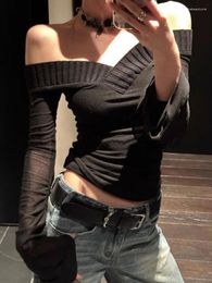 Women's T Shirts Y2k Aesthetic Bottoming Crop Tops 2024 Streetwear Harajuku Women Vintage T-shirt V Neck Knitted Patchwork Tees Trendy All