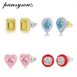 Stud Earrings PANSYSEN 925 Sterling Silver Aquamarine Diamond Enamel Birthstone Female Wedding Party Fine Jewellery Wholesale