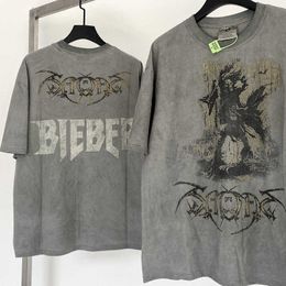 Men's T-Shirts Vintage Bieber Tour Rock Evil Short sleeved VTG Washed Old American High Street Trendy Brand T-shirt for Men