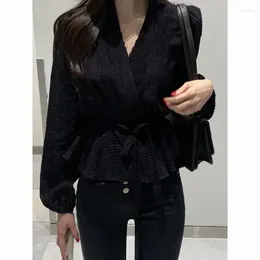 Women's Blouses French Long Sleeved Shirt Lace Up Blusas Mujer De Moda 2024 Verano Elegantes Work Blouse Women Black Tops Casual Shirts