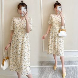 Dresses Maternity Dresses Summer Clothes For Pregnant Women Loose VNeck Print Floral Belt KneeLength Pregnancy Vestidos 2022 New