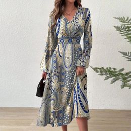 Casual Dresses Ethnic Dress Style Printed Retro Print Women's Midi With V Neck A-line Silhouette Long For A