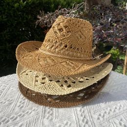 Straw Hat for Women Men Summer Handmade Classic Vintage Hollow Out Western Curled Wide Brim Sun Fishing Climbing Cap 240130