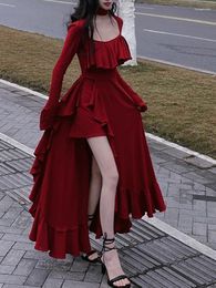 Casual Dresses Autumn Red Vintage Elegant Dress Women Flare Sleeve Designer Sweet Long Female Ruffles Retro Princess Irregular 2024