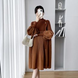 Dresses Korean Version Stand Collar Elegant Maternity Dresses Causal Solid Loosed Knitted Pregnancy Woman Clothes Fashion Autumn Suits