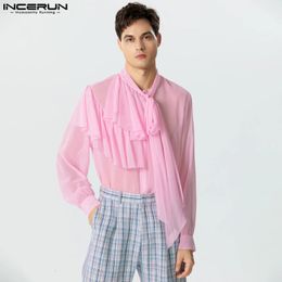 INCERUN Tops American Style Mens Lace Layered Design Shirts Casual Fashion Male Long Ribbon Thin Long Sleeved Blouse S-5XL 240202