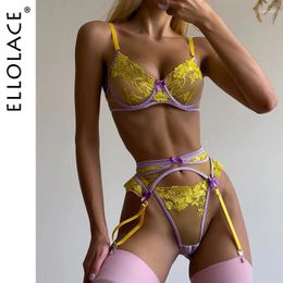 Bras Sets Ellolace Delicate Lingerie Sheer Lace Sexy Underwear 3-Piece Floral Fancy Intimate Luxury Uncensored Sensual Brief