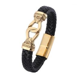 Bangle Vintage Jewellery Men Black Braided Leather Bracelet Golden Stainless Steel Magnet Buckle Punk Bracelets Wristband Drop Delivery Dhvmf