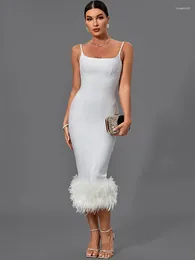 Casual Dresses Feather Bandage Dress Women White Bodycon Evening Party Elegant Sexy Midi Birthday Club Outfits 2024 Summer Fashion