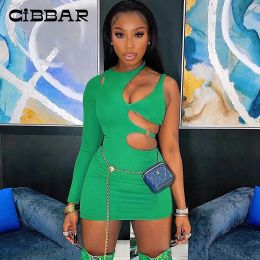 Dresses Cibbar Solid Knitting Sexy Hollow Out Bodycon Mini Dress Women Autumn One Shoulder Irregular Dresses Hot Fashion Night Clubwear