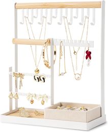 DreamGenius Jewellery Organiser Stand with Velvet Ring Holder, 4 Tier Jewellery Holder Organiser with 15 Hooks Necklace Organiser and Bracket Holder, Jewellery Stand