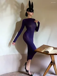 Casual Dresses Long Sleeve 120D MaNylon Midi Dress Tights Package Hip Bodystocking Transparent Sexy Vestido Lingerie Clubwear Jupe