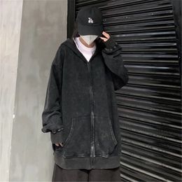 Black Solid Vintage Jacket Casual Cool Sweatshirt Streetwear Autumn Zip Up Ulzzang Punk Tops Male Hip Hop Oversized Men 240201