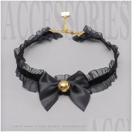 Neck Ties Princess Lolita Necklace Dog Bell Gothic Black Lace Choker Retro Sweet Pearl Bowknot Necklaces Cosplay Party Jewellery Drop D Dhpc1