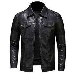 Men's Motorcycle Leather Jacket Large Size Pocket Black Zipper Lapel Slim Fit Male Spring and Autumn High Quality Pu Coat M-5Xl 240127