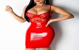Women Dress Sexy Lace PVC Patchwork Bodycon Wet Look PU Clubwear Evening Package Hip Night Red Blue Black Tight Dating Clothing T22321536