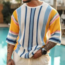 Men's Sweaters Striped Print Round Neck Knitted Half Sleeve Color Matching Loose Pullover Elastic Anti-shrink Men Summer Fall Spring