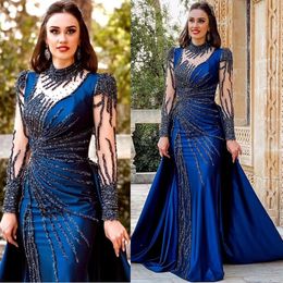 2024 Aso Ebi Navy Blue Mermaid Prom Dress Sequined Lace Satin Beaded Evening Formal Party Second Reception Birthday Engagement Gowns Dresses Robe De Soiree ZJ95