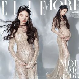 Dresses Pregnant Women Photography Props Perspective Dress Maternity Dresses Full Sleeves Pregnancy Dress for Photo Shoot Maxi Gown