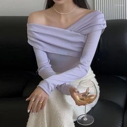 Women's T Shirts Purple Solid Colour Chiffon Shirt Spring Summer Fashion Blouse 2024 Long Sleeve Off Shoulder For Female Elegant Clothing