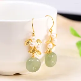 Dangle Earrings In Natural Hetian Jasper Pearl Long For Women Chinese Style Retro Charm Creative Light Luxury Ladies Silver Jewelry