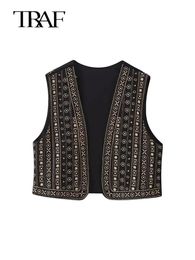 TRAF Woman Sequin Embroidered Vest Tops 2023 Autumn Fashion Vintage Sleeveless ONeck Causal Slim 240130