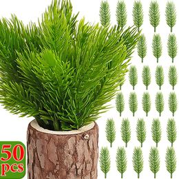 Decorative Flowers 50/10Pcs Artificial Snow Pine Branches DIY Green Fake Plants Needles Leaves Christmas Tree Wreath Wedding Home Decoration