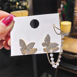 Backs Earrings Korean Crystal Zircon Butterfly Stud Clip Set For Women Pearl Chain Long Tassel Ear Cuff Fashion Jewellery Gift Wholesale