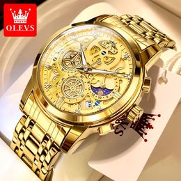 OLEVS Men's Watches Top Brand Luxury Original Waterproof Quartz Watch for Man Gold Skeleton Style 24 Hour Day Night 240122