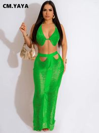 Work Dresses CM.YAYA Women Beach Sexy Ripped Out Tassel See Though Maxi Long Skirt Set And Crop Top Holiday INS Two 2 Piece Outfits 2024