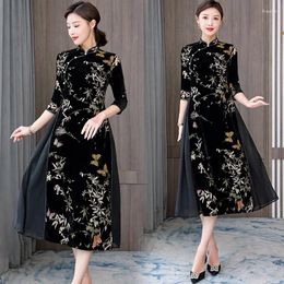 Ethnic Clothing Women Traditional Vintage Elegant Slim Cheongsam Style Modern Qipao Femme Golden Velvet Print Midi Chinese Dress 4XL