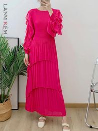 Casual Dresses LANMREM Elegant Ruffles Pleated Dress Women Solid Colour Round Neck Butterfly Sleeves A-line 2024 Autumn 2AA1749