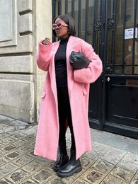 Pink Wool Blends Long Coat For Women Fashion Turndown Collar Full Sleeves Overcoat Autumn Winter Elegant Warm Female Outwear 240125