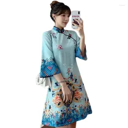 Ethnic Clothing Ins Red Blue Loose 2024 Fashion Modern Chinese Cheongsam A-line Dress Women 3/4 Sleeve Qipao Traditional Clothes