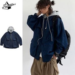 Hooded Denim Jacket Men Women Vintage Detachable Cap Cargo Coat Japanese Oversize Loose Casual Top Spring Couple Unisex Overcoat 240202