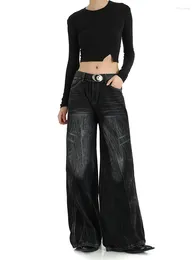 Women's Jeans Design Black Denim Wide Leg Pants High Street Fashion Full Length Casual Trousers Korean Trend Gothic 90s Streetwear
