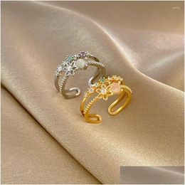 Cluster Rings Small Fresh Fashion Ring Light Luxury Zircon Flower South Korea Sen Series Minority Double Open Drop Delivery Dhnoj