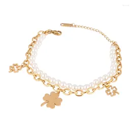 Link Bracelets CloverDouble Layer Stainless Steel For Women Pearl Bracelet Heart Charm Butterfly Star Jewelry
