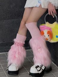 Women Socks 3 Pieces Sets Faux Fur Leg Warmers Boot Covers Goth Japanese Punk Jk Knee-length Hiphop Y2K Cute Fashion Warm