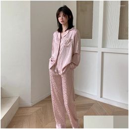 Women'S Sleepwear Womens 2023 Satin Pyjamas Set Long-Sleeved Two-Piece Mticolor Loose Leopard Print Pijamas Home Service Lingerie Dr Dhlkm