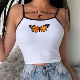 Women's Tanks Sexy Butterfly Print White Crop Tops Woman Contrast Backless Slim Tank Clubwear Party Harajuku Sweet Girl Camisole Summer