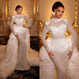 Neck Fairy High Mermaid Wedding Dresses Full Sleeve Pearls Ruched Puffy Vestido de Noiva Custom Made Bridal Dress