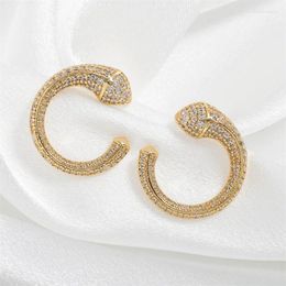 Hoop Earrings French Temperament Snake Shaped For Women Retro Shiny Zircon Gold Color Copper Earring Daily Party Jewelry