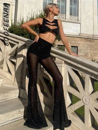 Women's Pants BOOFEENAA Sparkle Mesh Black See Through Bell Bottom Women Sexy Party Club Elastic Waist Flare Rave Outfits C66-CD14