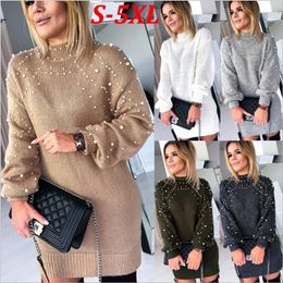 Women O Neck Beading Pearls Solid Loose Sweater S-3XL Pullover Knitted Long Sleeves Outstreet Knitwear Dress 240202