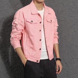 M- 5XL Fashion Brand Denim Jacket Men Ripped Holes Mens Pink black Jean Jackets Garment Washed Mens Denim Coat 240124