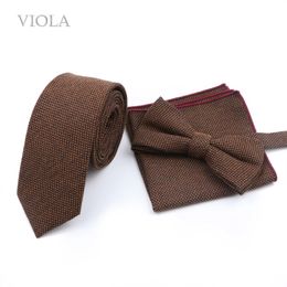 Wool Touch Soft Solid Striped Classic 6cm Necktie Sets Men Khaki Fashion Bow Tie Pocket Square Butterfly Cravat Gift Accessory 240122