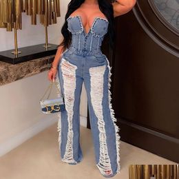 Women'S Jeans Womens Flare Leg 2023 Hollow Solid Out Y Club Strapless Sleeveless High-End Ripped High Waist Wide Jumpsuits Drop Deli Dhv52