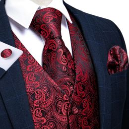 Dibangu Classic Red Black Paisley Mens Suit Vest Necktie Pocket Square Cufflinks Set Formal Business Waistcoat for Man Wedding 240202