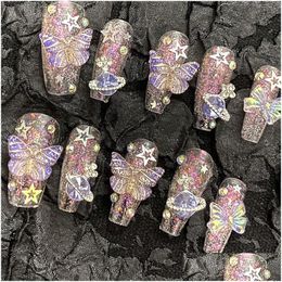 False Nails Handmade Purple Sparkling Butterfly Fake With Glue Flashing On The Y2K Reusable Coffin Nail Tip Gift Drop Delivery Healt Dhl0C